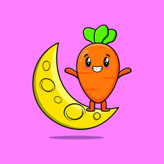 Cute cartoon Carrot character standing on the crescent moon in flat modern design