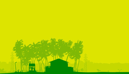 Greenish wallpaper and background with silhouette of natural beauty. There is a village with paddy field and house with the coconut trees. Electricity posts and building indicate the development.  