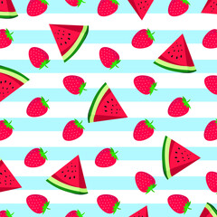 Fruit pattern.Cute fresh mix fruits (Strawberry ,Red watermelon slice) isolated on white background.Design for print screen backdrop ,Fabric and tile wallpaper.Summer concept.Vector.
