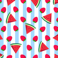 Fruit pattern. jpeg image jpg.Cute fresh mix fruits (Strawberry ,Red watermelon slice) isolated on white background.Design for print screen backdrop ,Fabric and tile wallpaper.Summer concept
