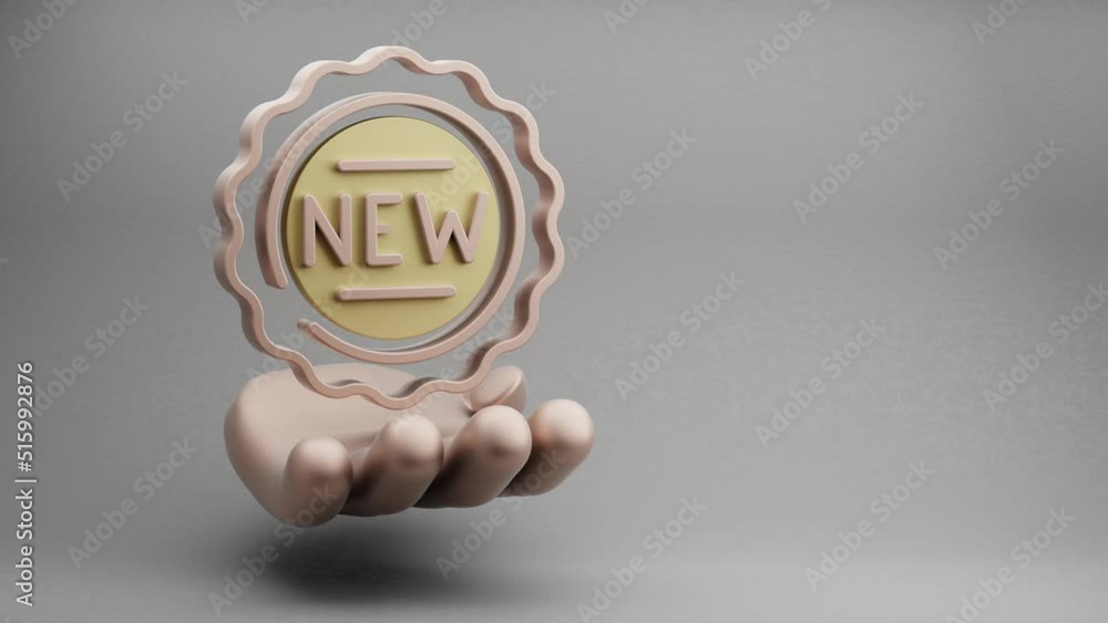 Poster beautiful abstract illustrations golden hand holding new badge symbol icon on a grey background. 3d 