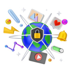 Creative concept of 3d render social media marketing cartoon illustration with 3d floating icon. 3D rendering