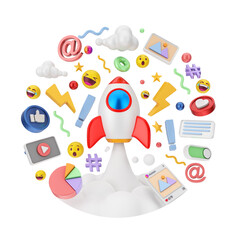 Creative concept of 3d render social media marketing cartoon illustration with 3d floating icon. 3D rendering