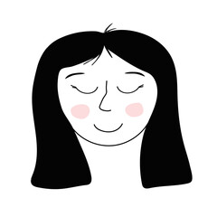 Simple cartoon vector young cute woman face with long hair on white background
