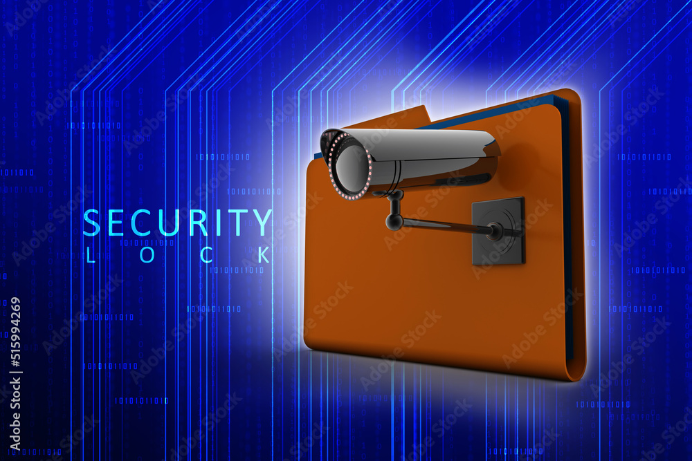 Poster 3d rendering surveillance cctv security camera with folder