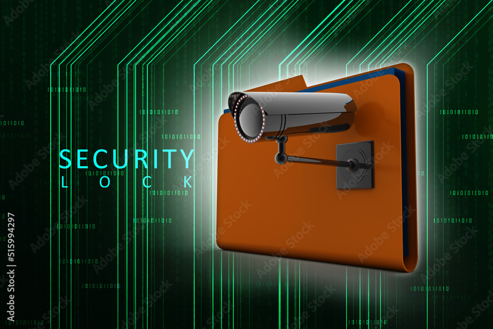 Poster 3d rendering surveillance cctv security camera with folder