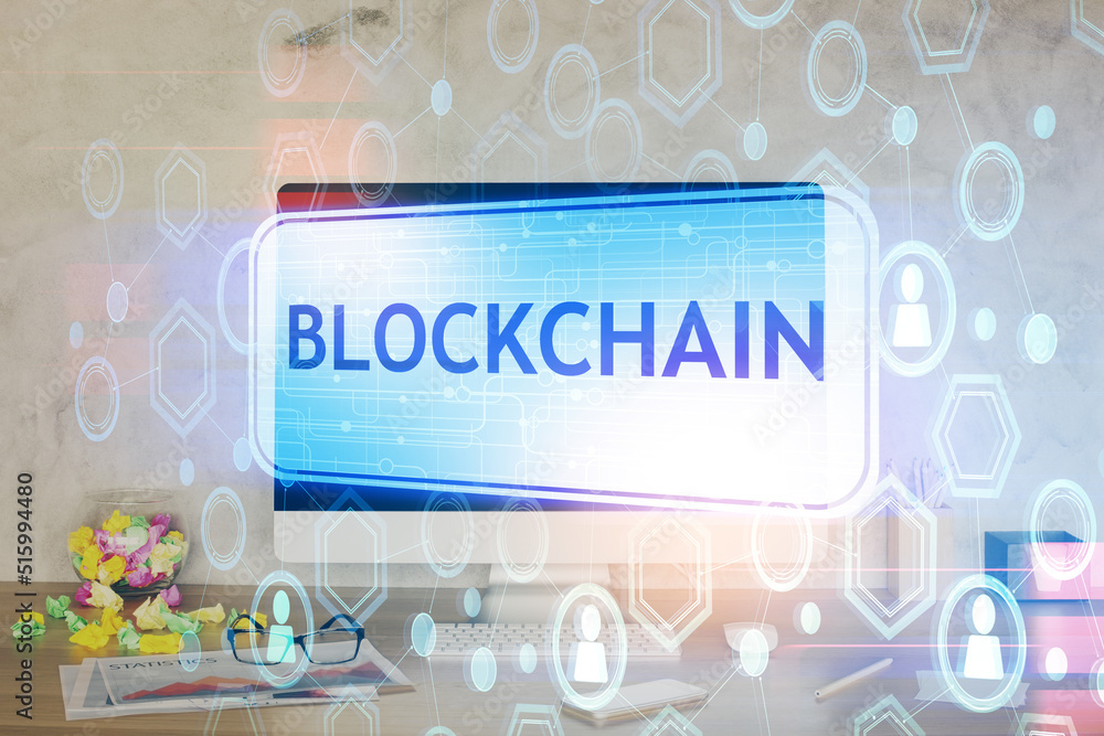 Aufkleber double exposure of blockchain and crypto economy theme hologram and table with computer background. 