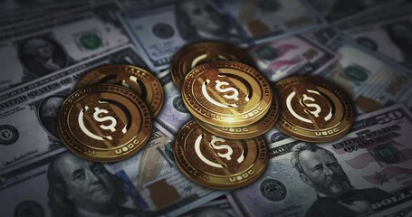 USDC USD Coin stablecoin cryptocurrency golden coin over Dollar banknotes. Crypto currency with US note background 3d abstract online payment and digital money concept. - Powered by Adobe