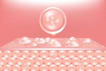 Hyaluronic acid hair and skin solutions ad, pink collagen serum drop into skin cells with cosmetic advertising background ready to use, illustration vector.	