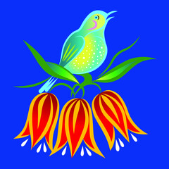  Tropical birds and red flowers on blue background. Vector painting.  Colorful illustration. Colorful flowers on a blue background. Can be used to print on T-shirts.