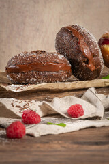 Bolas de Berlim, or Berlin Balls. Portuguese fried dough with sugar, Filled with chocolate or raspberry jam. Portuguese fried dough with sugar.