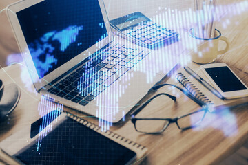 Double exposure of business theme icons and work space with computer background. Concept of success.