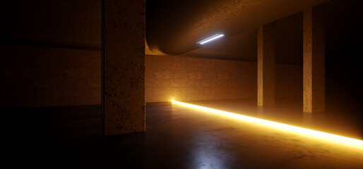 Dark Orange Laser Light Glowing Sci Fi Futuristic Bomb Shelter Studio basement Concrete Rough Asphalt Parking Underground Hallway 3D Rendering