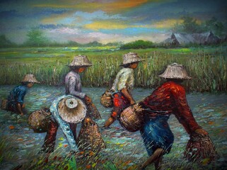  Art painting Oil color Northeast Thailand Countryside , Hand Fishing