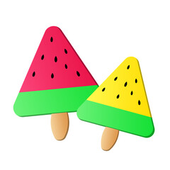 Colorful melon shape stick Ice cream dessert for kids in isolated background, create jpeg image jpg ice cream of watermelon on white background
