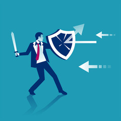 Attack protection. Businessman holds a shield defending from attacks. Reflection impact. Vector illustration flat design. Isolated on white background. Series of successful business people.