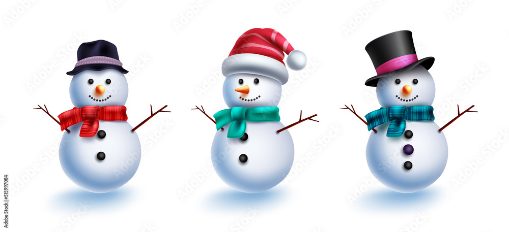 Poster snowman characters vector set. christmas snow man 3d character in cute ice balls with friendly expre