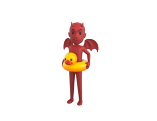 Devil character with inflatable duck ring in 3d rendering.