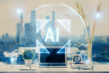 Multi exposure of table with computer on background and data theme drawing. Concept of innovation.