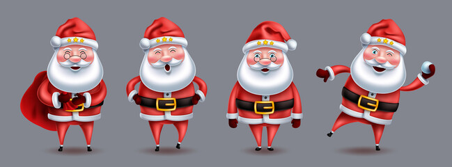 Santa claus christmas character vector set. Santa claus 3d person characters standing, holding sack and snow ball for xmas holiday design. Vector illustration.
