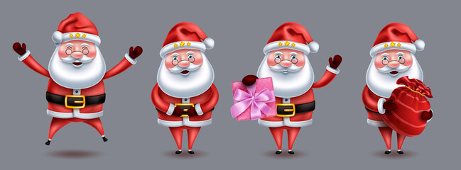 Fototapeta premium Santa claus christmas characters vector set. Santa claus in 3d cute characters with standing, jumping and joyful pose and gesture for xmas collection design. Vector illustration. 