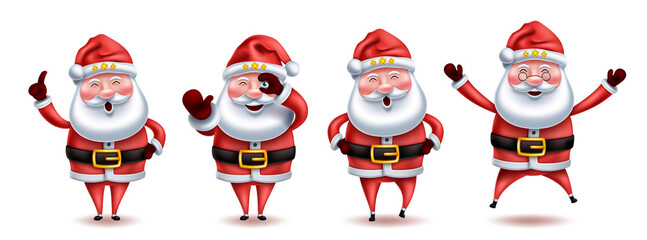 Santa claus characters vector set design. Santa claus christmas character collection in standing, jumping and laughing pose and expression for xmas holiday season. Vector illustration.
