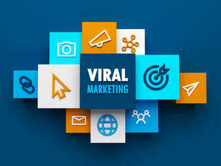 3D render of top view of VIRAL MARKETING business concept with colorful cubes on dark blue background