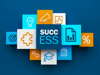 3D render of top view of SUCCESS business concept with colorful cubes on dark blue background