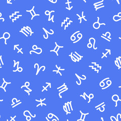 Blue seamless pattern with white zodiac signs.