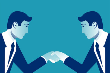 Partnership concept. Business meeting. Two businessmen in suits with briefcase shake hand. Handshake symbol successfu deal. Vector illustration flat design isolated on background. Professional people.