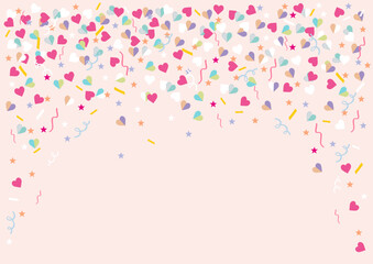 Colorful pastel carnival confetti background. Hearts, stars, circles, ribbons.