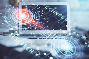 Multi exposure of desktop computer and technology theme hologram. Concept of software development.