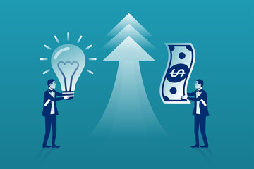 Two businessmen on the deal, exchange money for an idea. Investment creative projects. Buy idea. Vector illustration flat design. Isolated on white background.