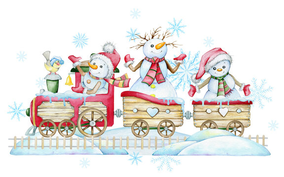 Cute snowmen, riding, on a train, surrounded by snowflakes. Watercolor clipart, on an isolated background.