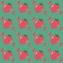 endless background juicy strawberries on green background, hand drawn flat illustration