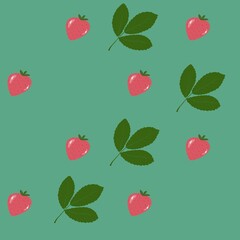 endless background juicy strawberries on green background, hand drawn flat illustration