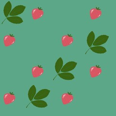endless background juicy strawberries on green background, hand drawn flat illustration