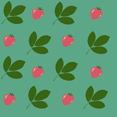 endless background juicy strawberries on green background, hand drawn flat illustration
