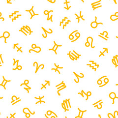 Seamless pattern with yellow  zodiac signs.