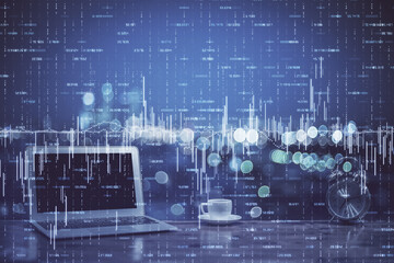 Forex market graph hologram and personal computer on background. Multi exposure. Concept of investment.