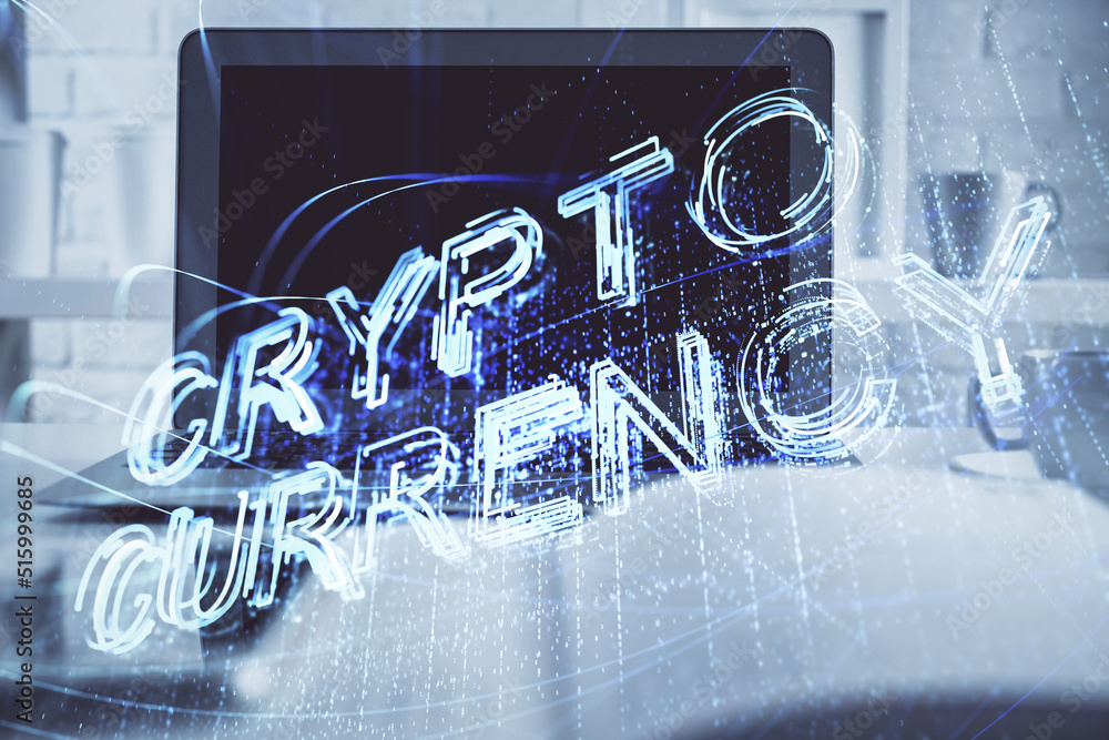 Poster Multi exposure of blockchain theme hologram and table with computer background. Concept of bitcoin crypto currency.