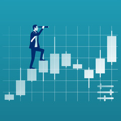 Financial trading graph. Successful businessman makes forecast on stock exchange. Tradings concept. Successful businessman looks at stock schedule. Forex market. Vector flat design. Modern investment.