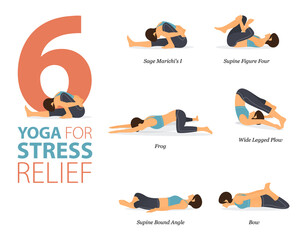 6 Yoga poses or asana posture for workout in stress relief concept. Women exercising for body stretching. Fitness infographic. Flat cartoon vector