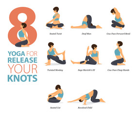 8 Yoga poses or asana posture for workout in release knots concept. Women exercising for body stretching. Fitness infographic. Flat cartoon vector