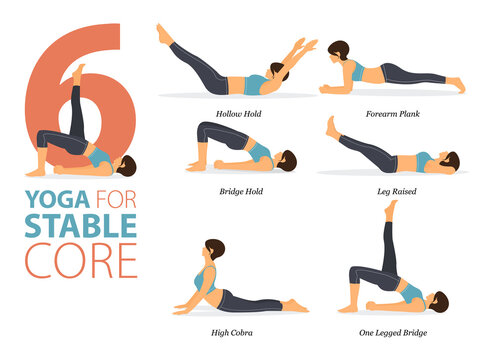 6 Yoga poses or asana posture for workout in stable core concept. Women exercising for body stretching. Fitness infographic. Flat cartoon vector