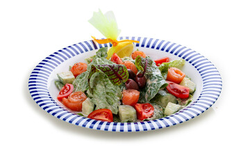 Caesar salad with lightly salted salmon, Romano salad, with blue cheese sauce. On a white background, isolated.