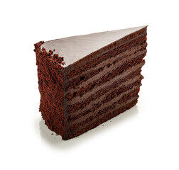 Piece of chocolate layer cake. On a white background, isolated.