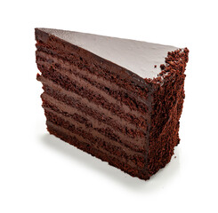Piece of chocolate layer cake. On a white background, isolated.