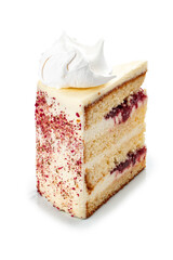 Vanilla juicy biscuit, cherry confit, cheese cream. Cut off piece. On a white background, isolated.