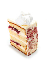 Vanilla juicy biscuit, cherry confit, cheese cream. Cut off piece. On a white background, isolated.